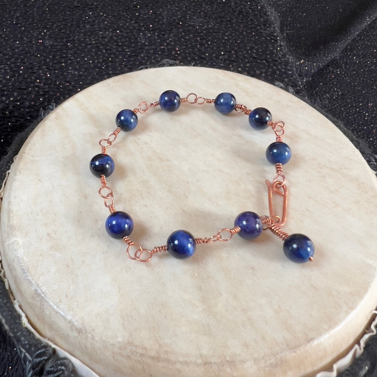 Blue Tiger's Eye Rosary - style Bracelet - Mother Of Metal - blue tiger eye - Copper - For Her - beaded chain links