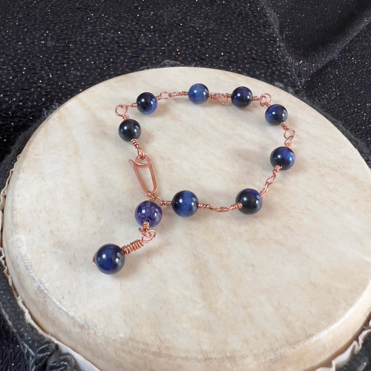 Blue Tiger's Eye Rosary - style Bracelet - Mother Of Metal - blue tiger eye - Copper - For Her - beaded chain links