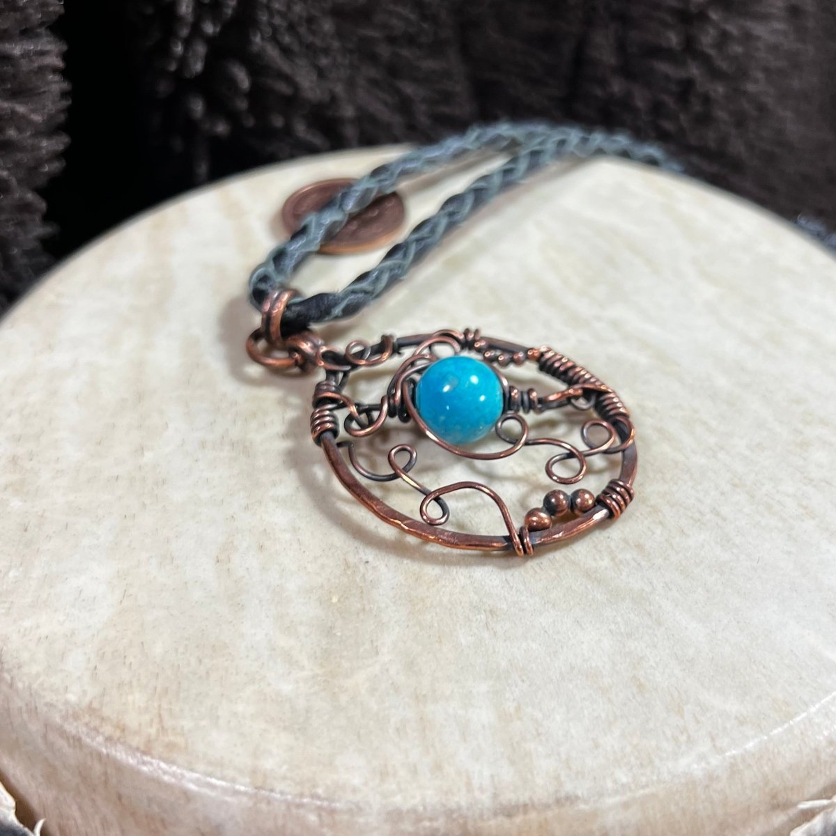 Artisan freeform copper pendant with turquoise dyed magnesite stone, whimsical handmade jewelry