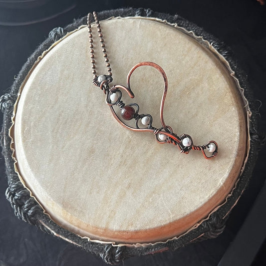 Garnet and Magnesite Stylized Heart Necklace - Mother Of Metal - Copper - For Her - For Necks - Necklaces