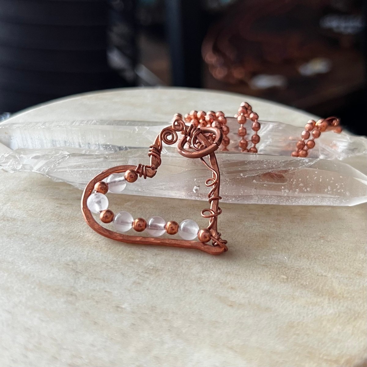Rose Quartz Heart Necklace - Mother Of Metal - Copper - For Her - For Necks - Necklaces