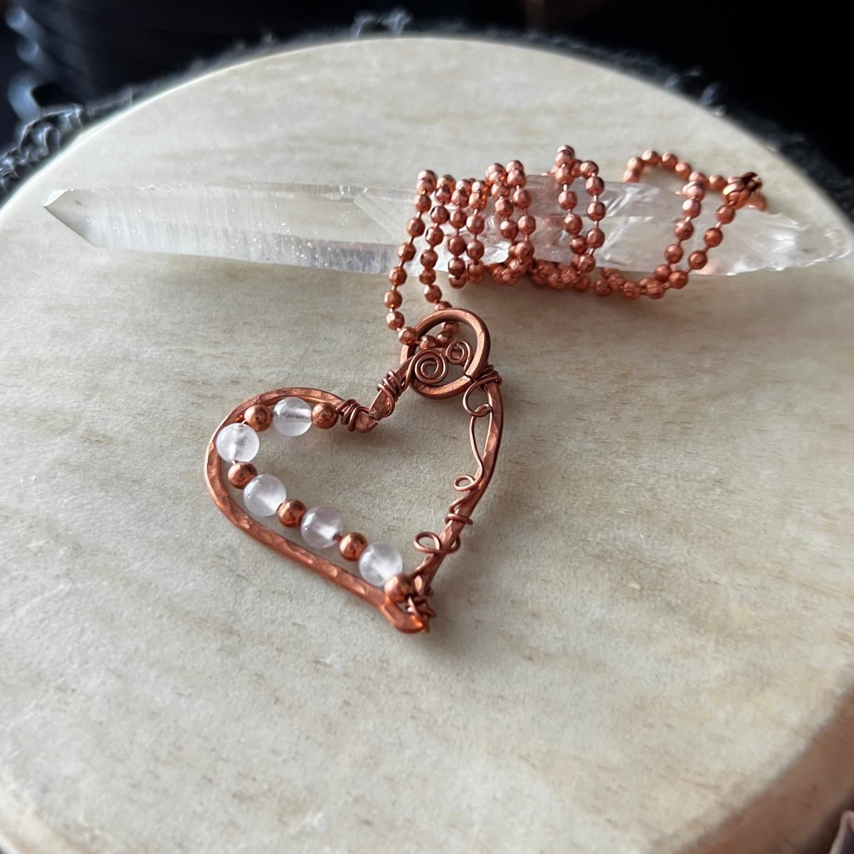 Rose Quartz Heart Necklace - Mother Of Metal - Copper - For Her - For Necks - Necklaces