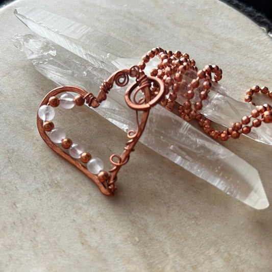 Rose Quartz Heart Necklace - Mother Of Metal - Copper - For Her - For Necks - Necklaces
