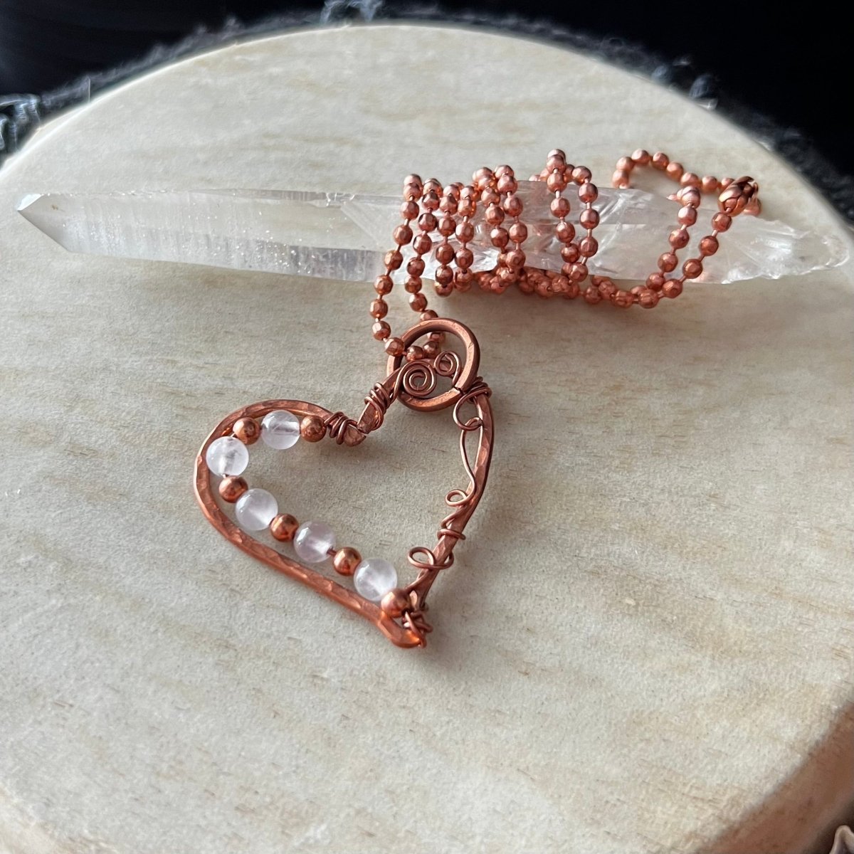 Rose Quartz Heart Necklace - Mother Of Metal - Copper - For Her - For Necks - Necklaces