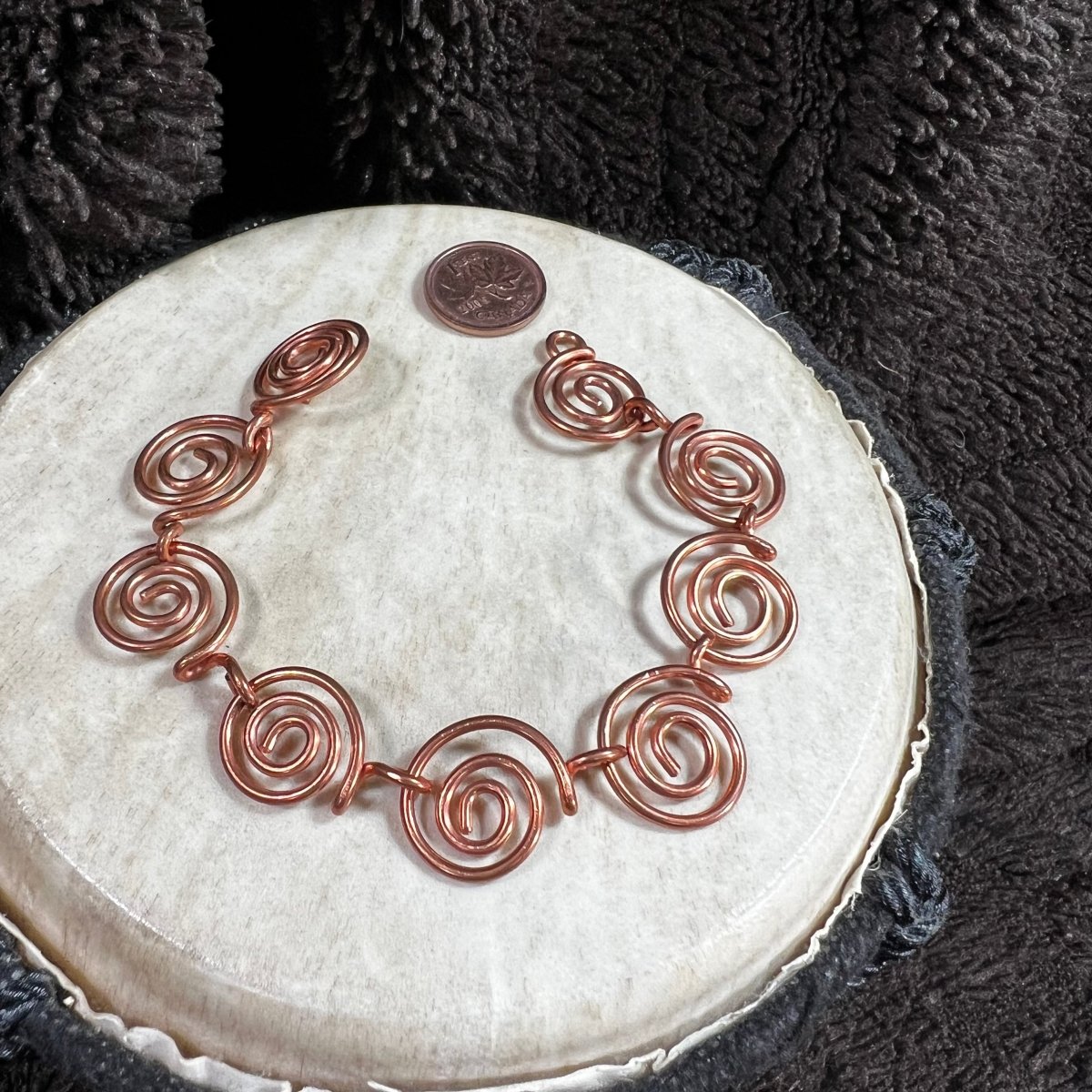 Handmade copper spiral bracelet with linked swirl design, Mother of Metal jewelry