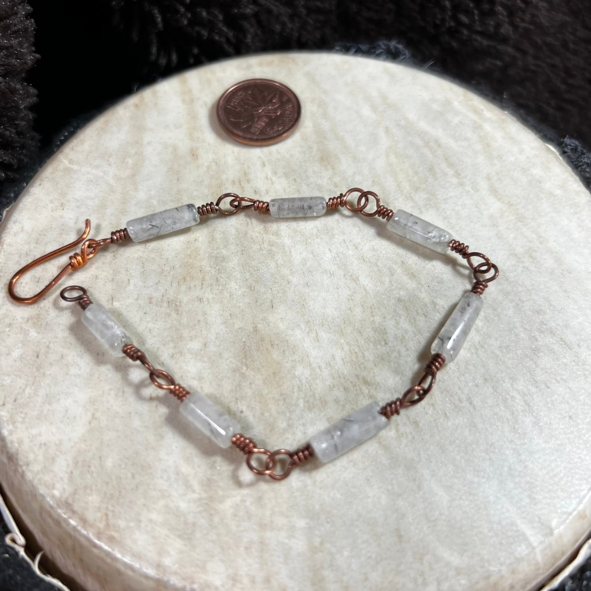 Tourmalinated quartz bracelet with black tourmaline inclusions wrapped in reclaimed copper, handmade Mother of Metal jewelry