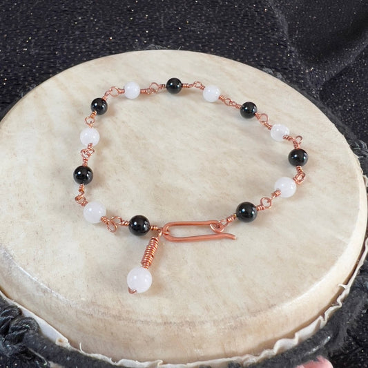 White Jade and Black Agate Rosary - style Bracelet - Mother Of Metal - black agate - Copper - For Her - beaded chain links