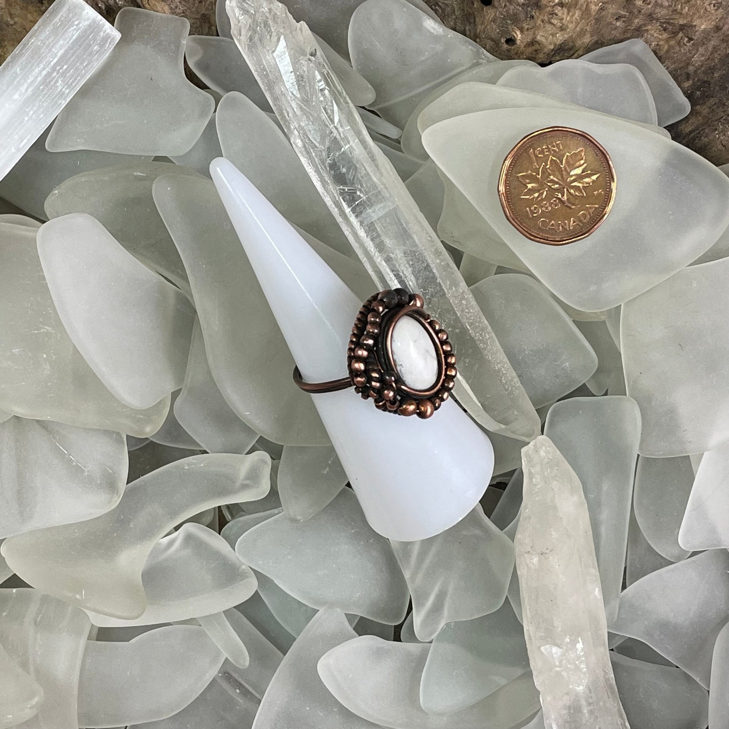 Natural Howlite and Copper Ring size 7 - Mother Of Metal - For Fingers - For Her - howlite-Rings