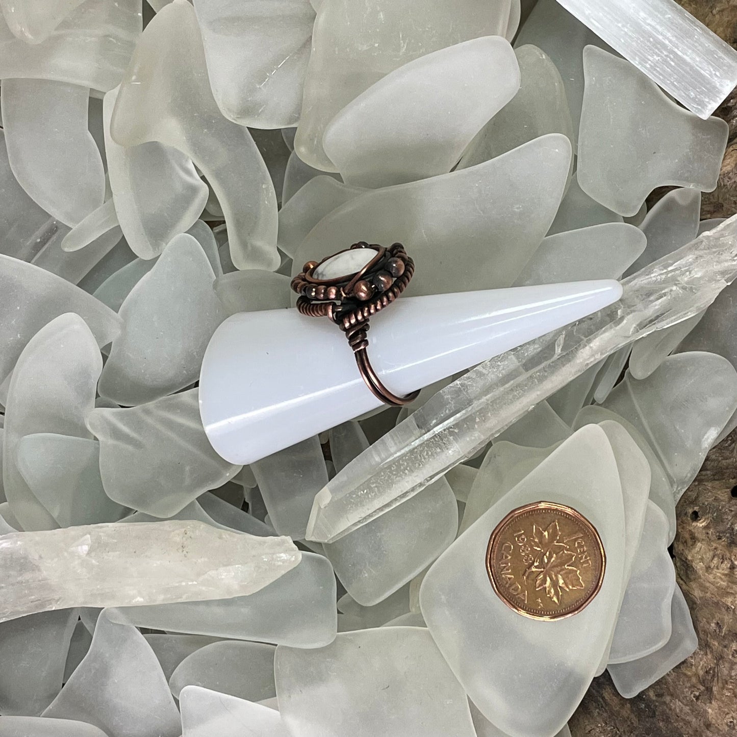 Natural Howlite and Copper Ring size 7 - Mother Of Metal - For Fingers - For Her - howlite-Rings