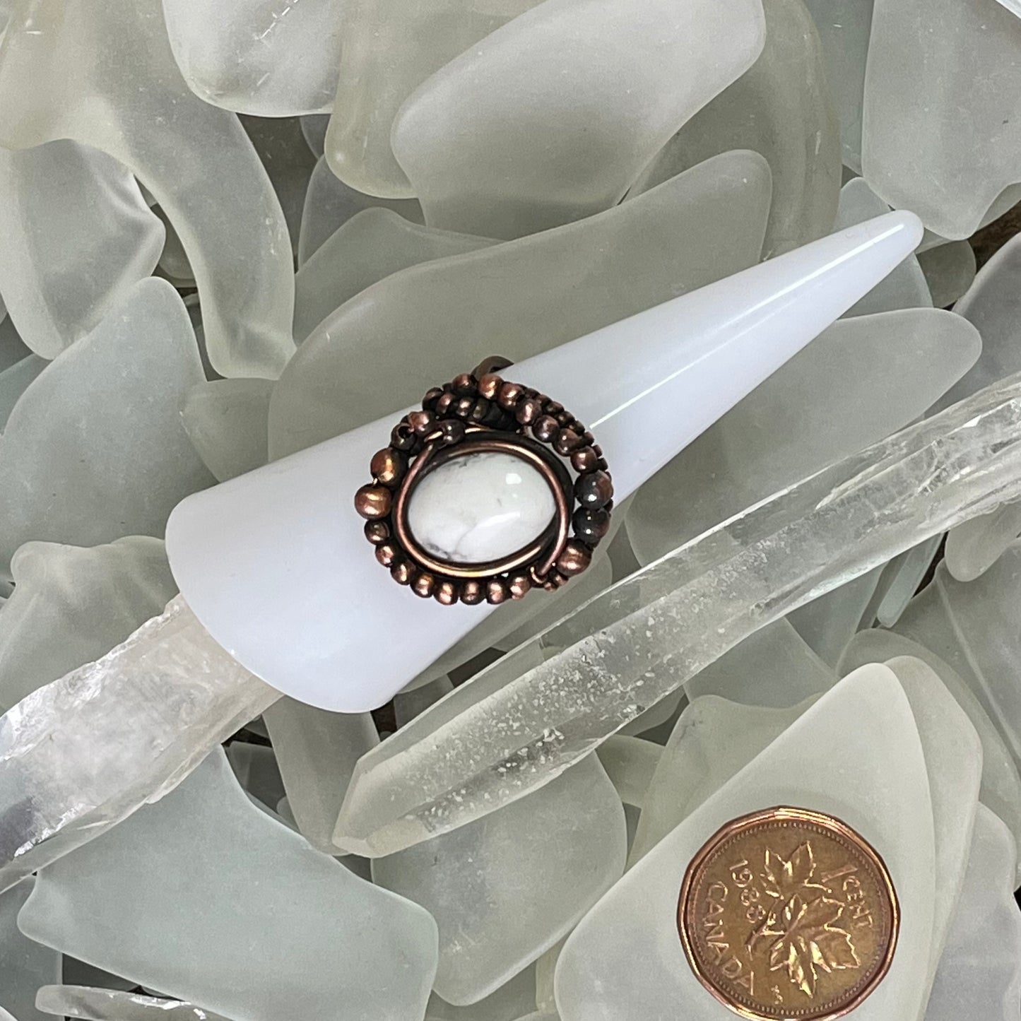 Natural Howlite and Copper Ring size 7 - Mother Of Metal - For Fingers - For Her - howlite-Rings