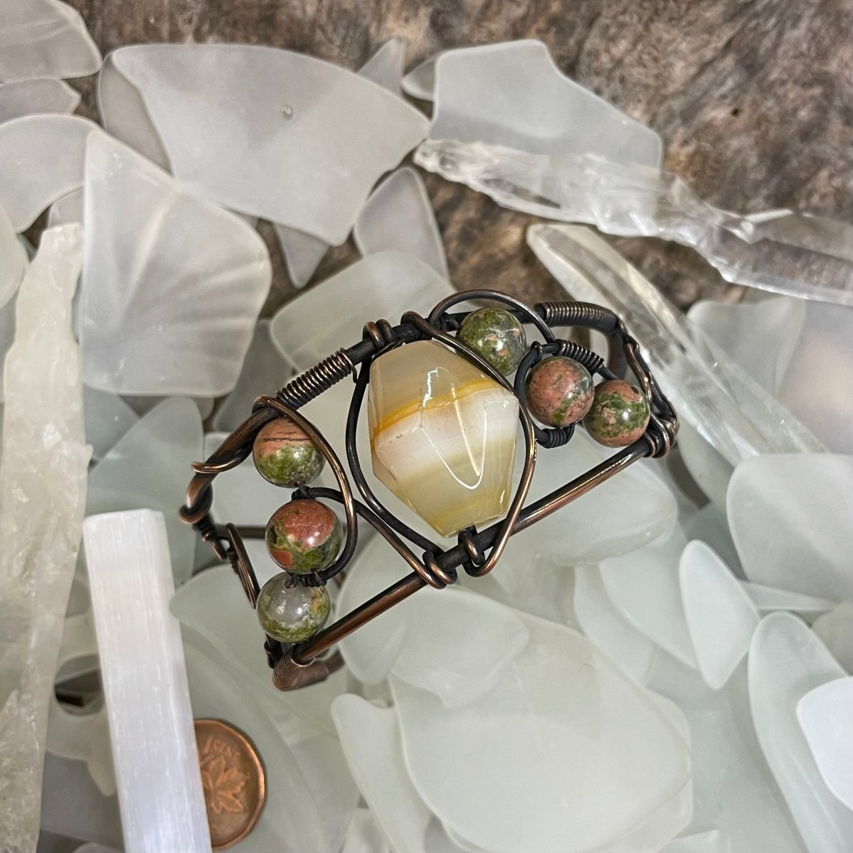 Asymmetrical Banded Onyx and Unakite Copper Cuff - Mother Of Metal - banded onyx - Copper - For Her-Bracelets