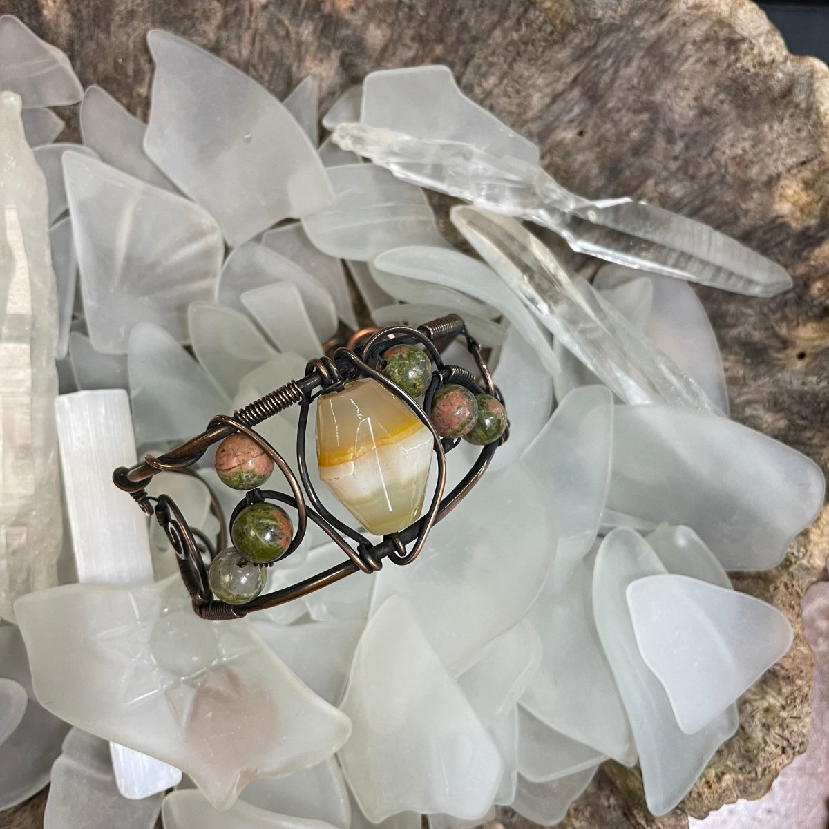 Asymmetrical Banded Onyx and Unakite Copper Cuff - Mother Of Metal - banded onyx - Copper - For Her-Bracelets