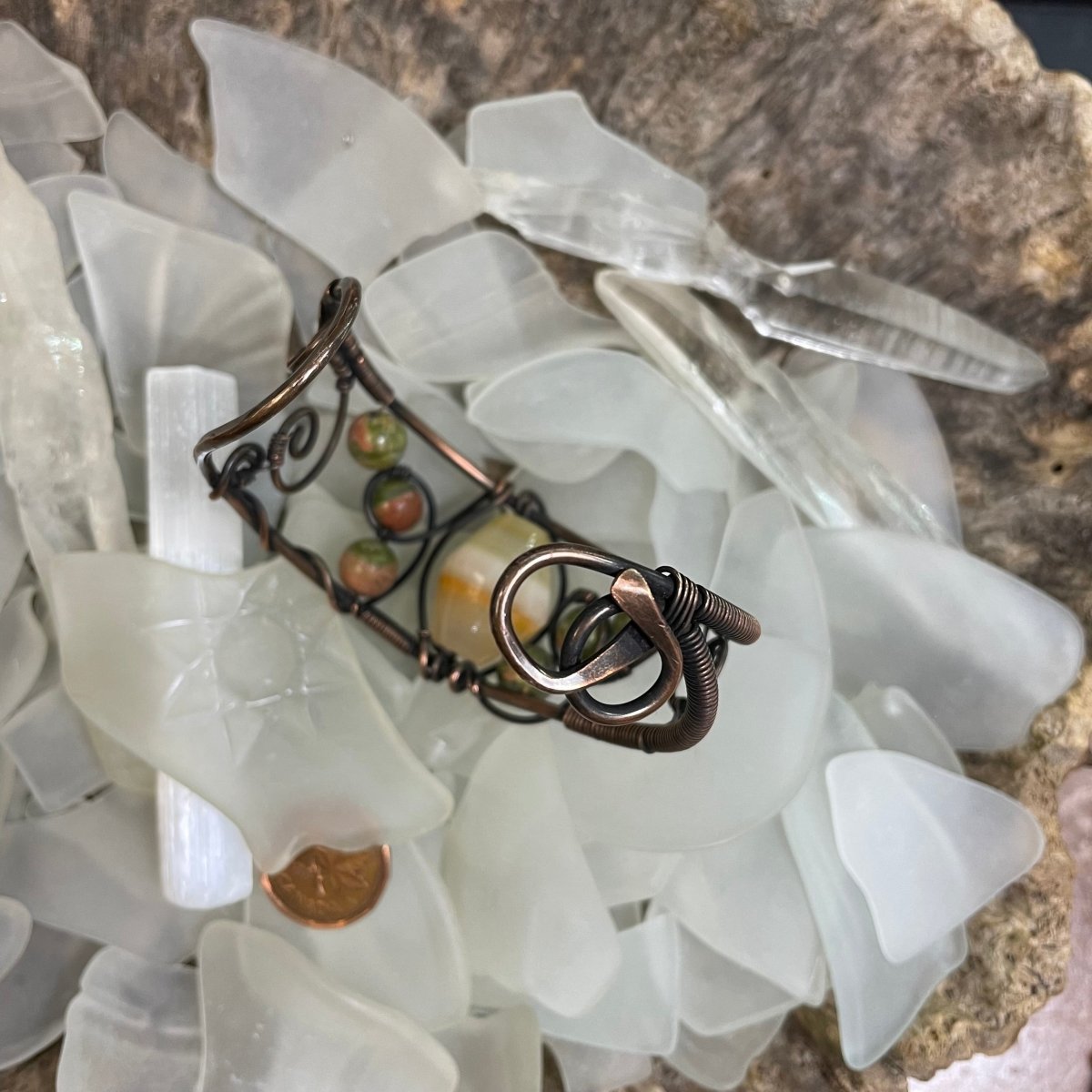 Asymmetrical Banded Onyx and Unakite Copper Cuff - Mother Of Metal - banded onyx - Copper - For Her-Bracelets