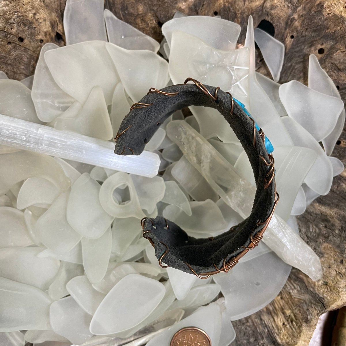 Blue Magnesite Leather and Copper Cuff - Mother Of Metal - Copper - For Her - For Wrists-Bracelets