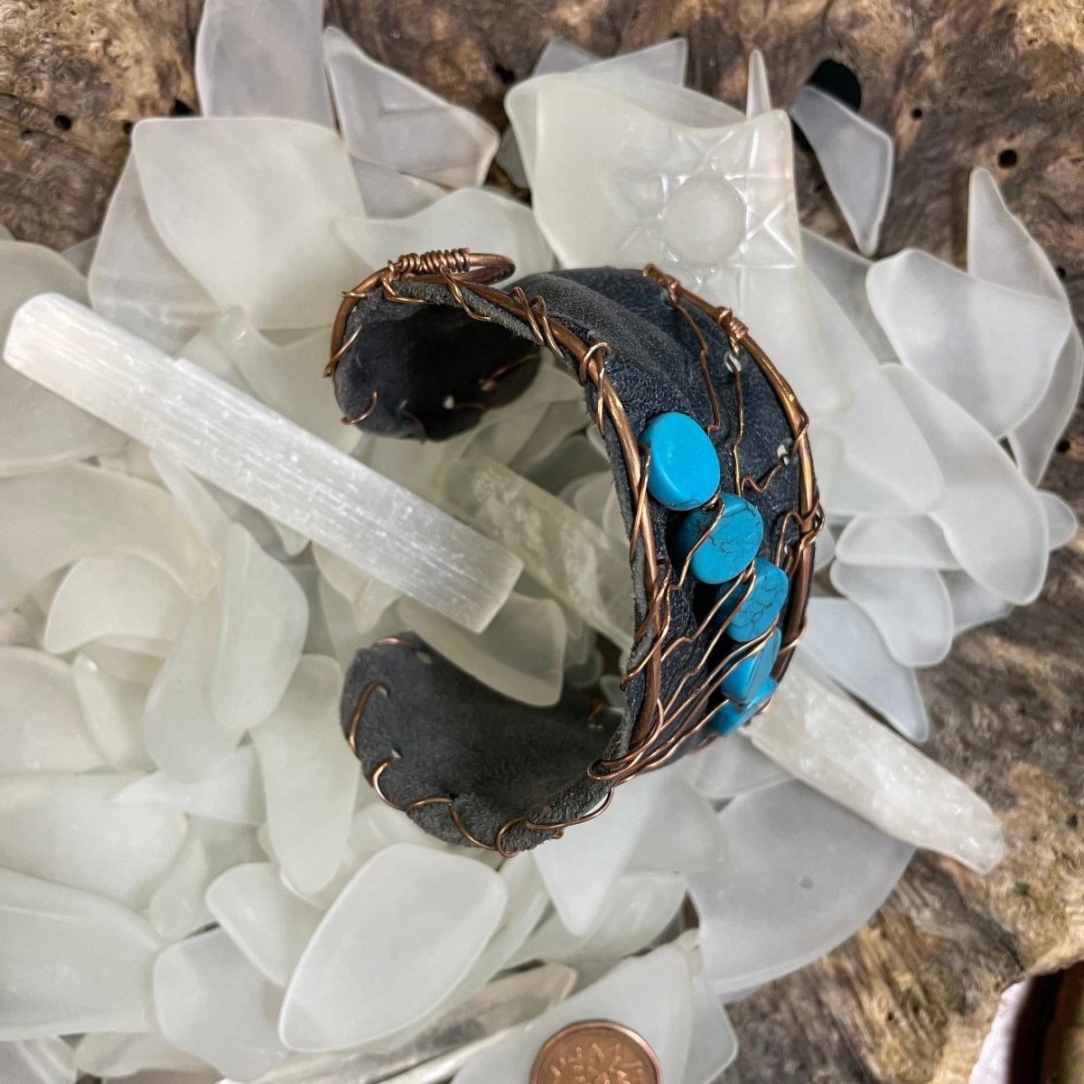 Blue Magnesite Leather and Copper Cuff - Mother Of Metal - Copper - For Her - For Wrists-Bracelets