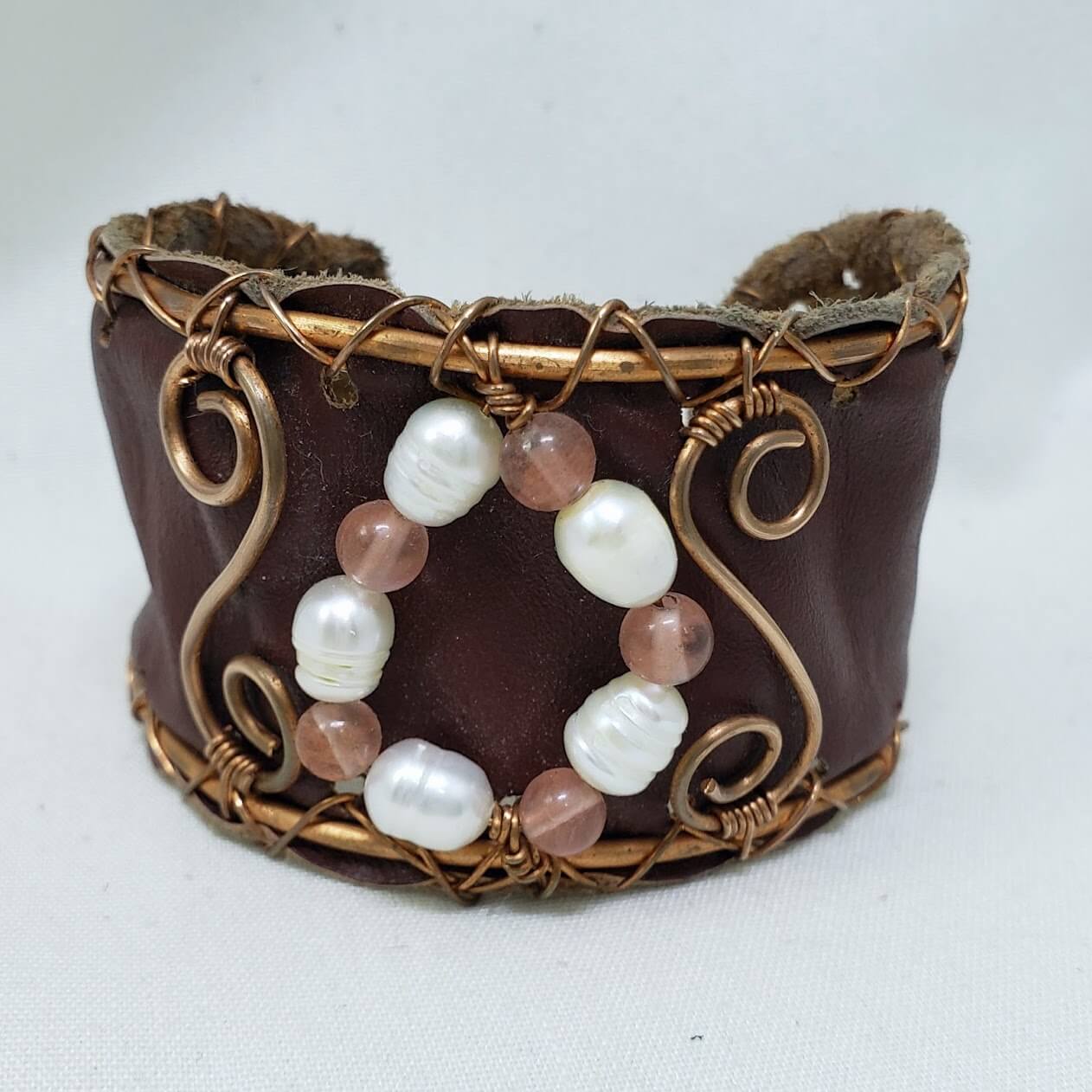 Copper and Leather Cuff Cherry Quartz and Pearl - Mother Of Metal - cherry quartz - For Her - For Wrists-Bracelets