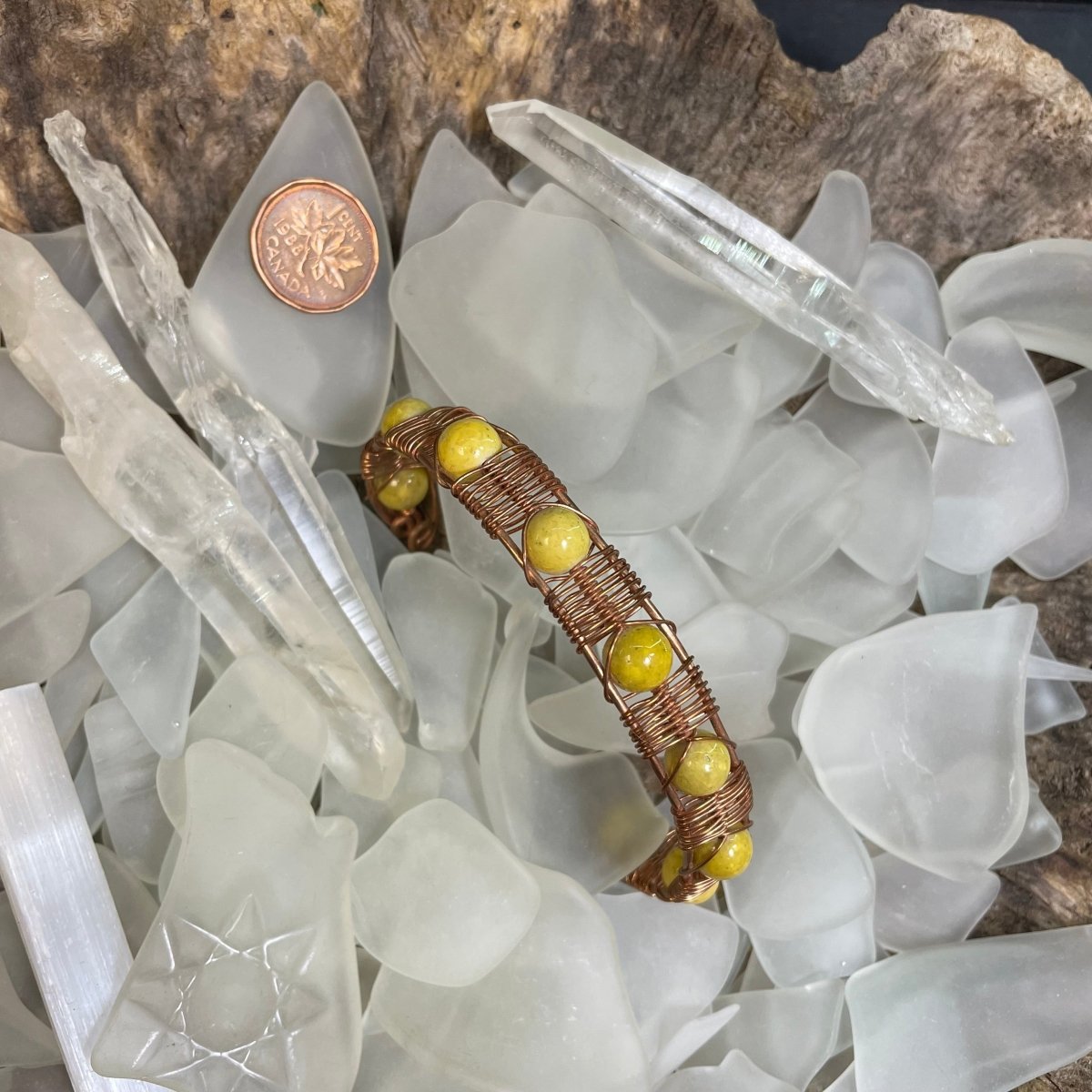 Fossil Stone Beaded Cuff Yellow - Mother Of Metal - For Her - For Wrists - fossil stone-