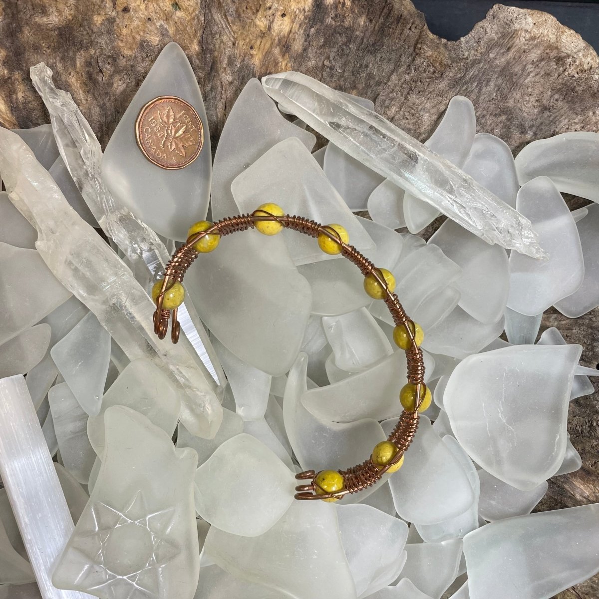 Fossil Stone Beaded Cuff Yellow - Mother Of Metal - For Her - For Wrists - fossil stone-