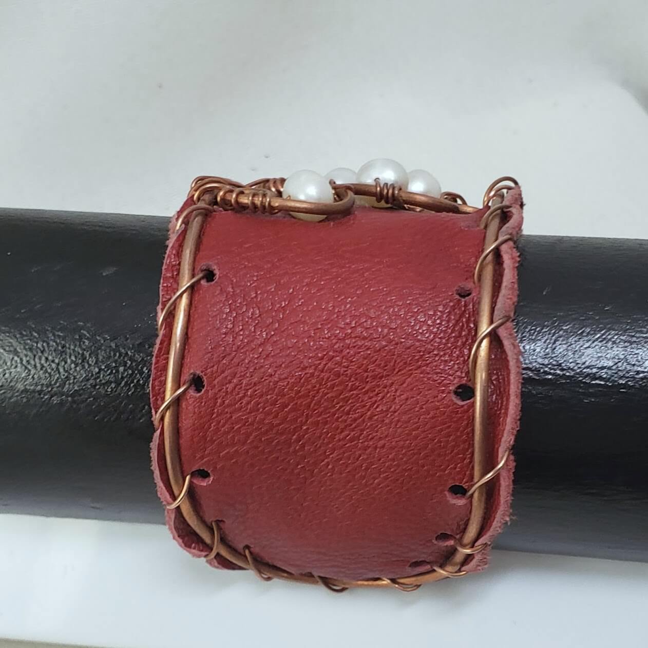 Freshwater Pearl Red Leather Cuff Bracelet - Mother Of Metal - For Her - For Wrists - freshwater pearl-Bracelets