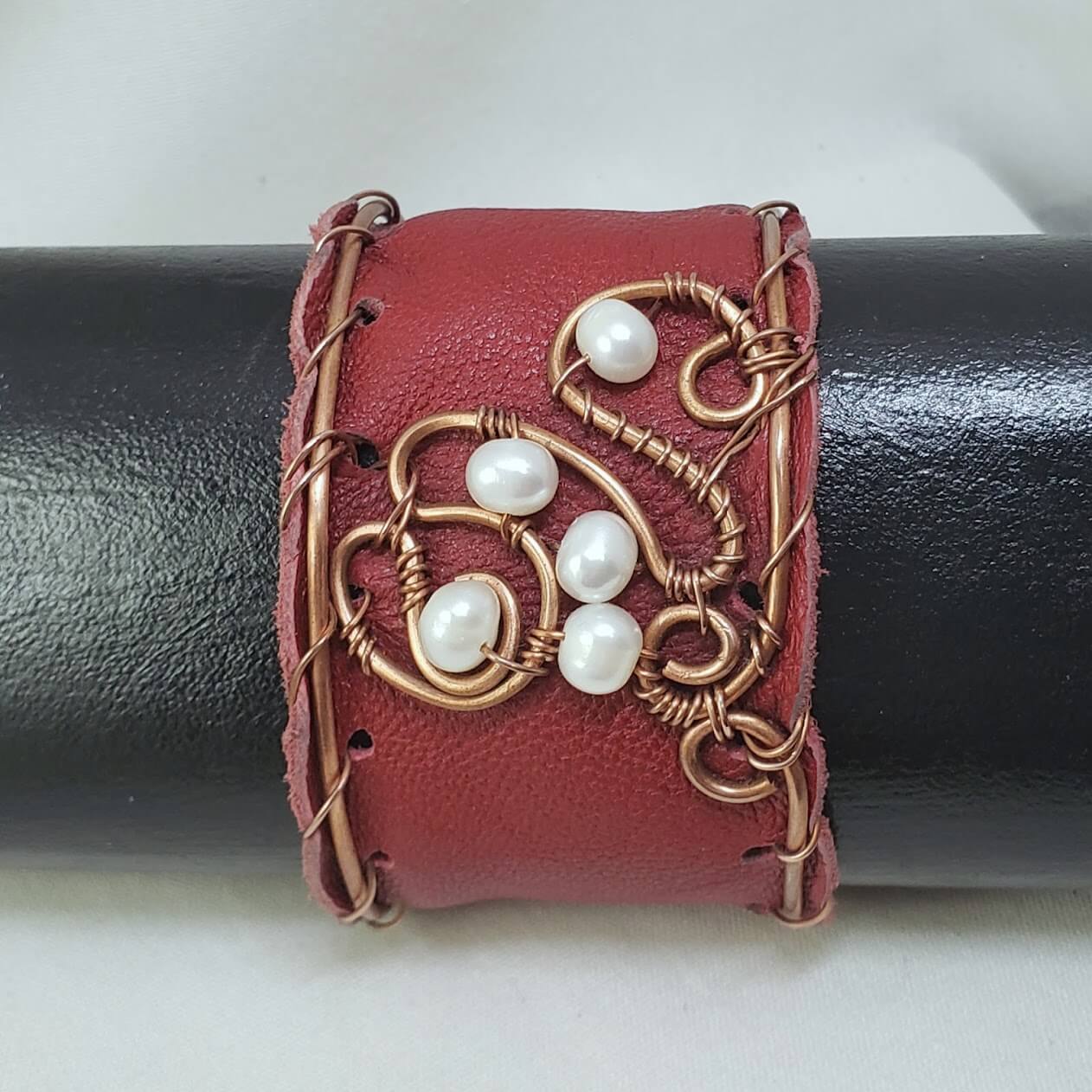 Freshwater Pearl Red Leather Cuff Bracelet - Mother Of Metal - For Her - For Wrists - freshwater pearl-Bracelets