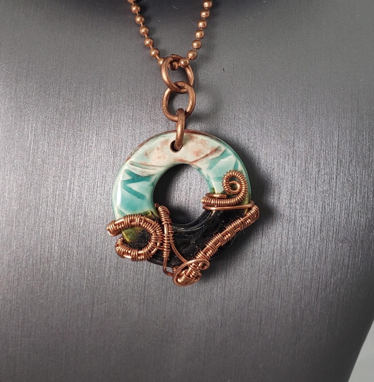 Glazed Pottery Doughnut Copper Woven Pendant - Mother Of Metal - For Her - For Necks - -Necklaces