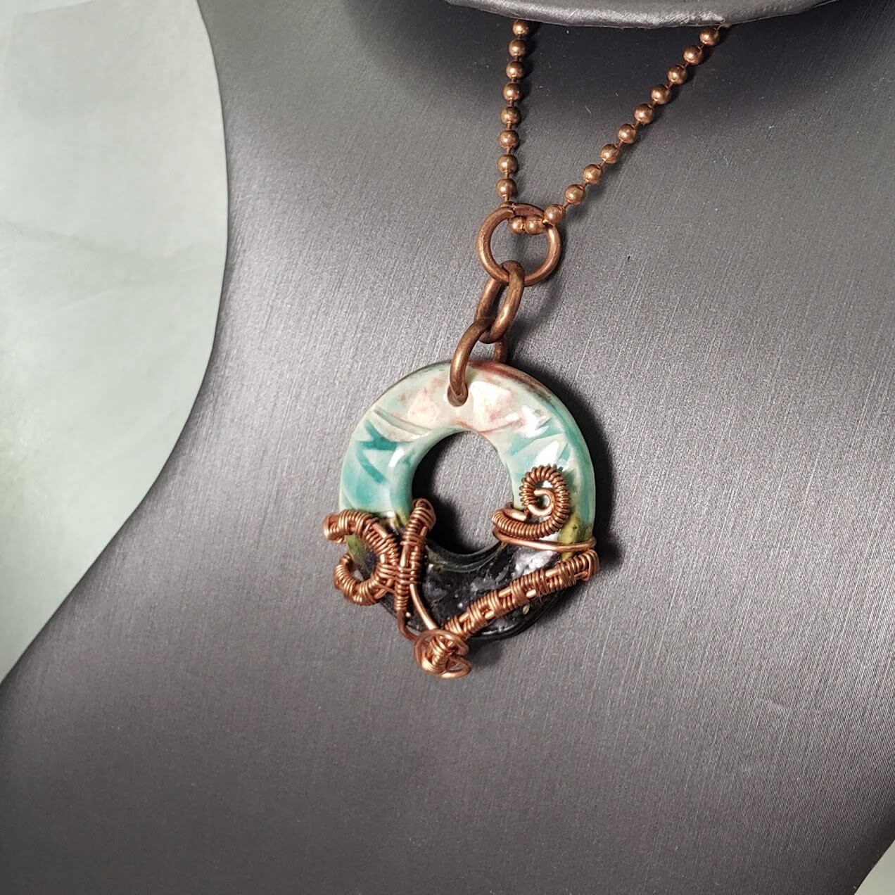 Glazed Pottery Doughnut Copper Woven Pendant - Mother Of Metal - For Her - For Necks - -Necklaces