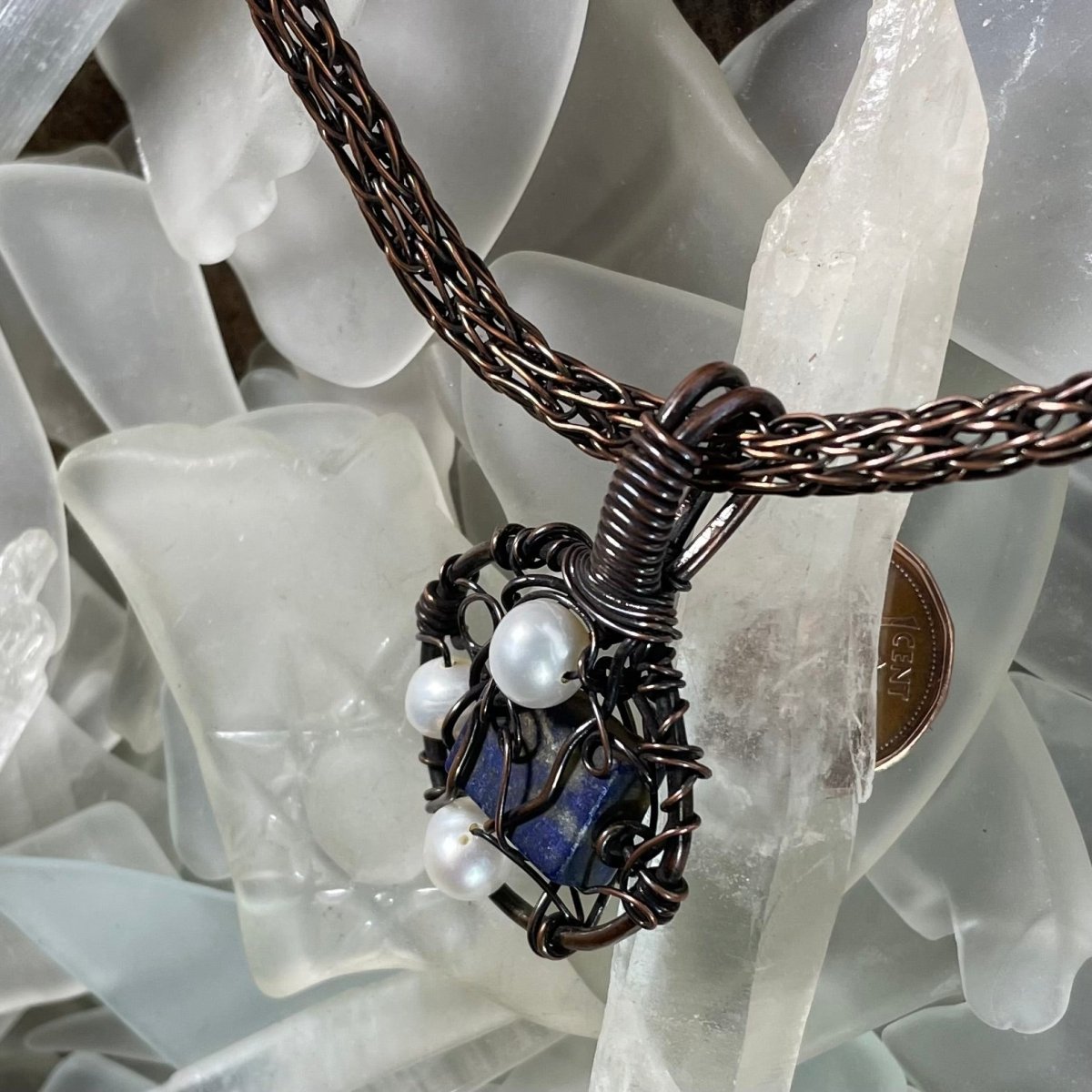 Lapis Lazuli and Pearl Necklace - Mother Of Metal - AG Collection - Copper - For Her-Necklaces