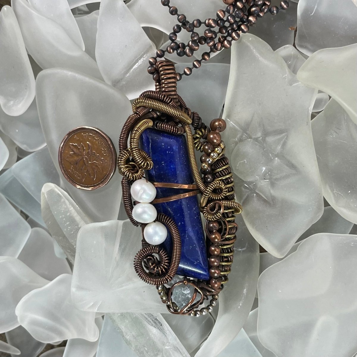 Lapis Lazuli Celestite and Pearl Pendant - Mother Of Metal - brass - Celestite - Copper-Pendants