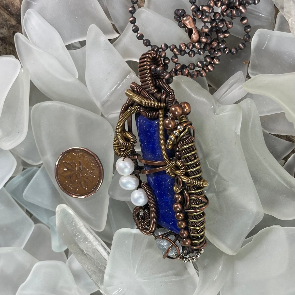 Lapis Lazuli Celestite and Pearl Pendant - Mother Of Metal - brass - Celestite - Copper-Pendants