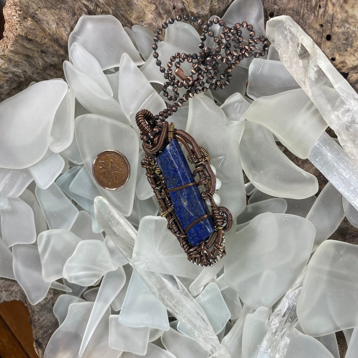 Lapis Lazuli Celestite and Pearl Pendant - Mother Of Metal - brass - Celestite - Copper-Pendants