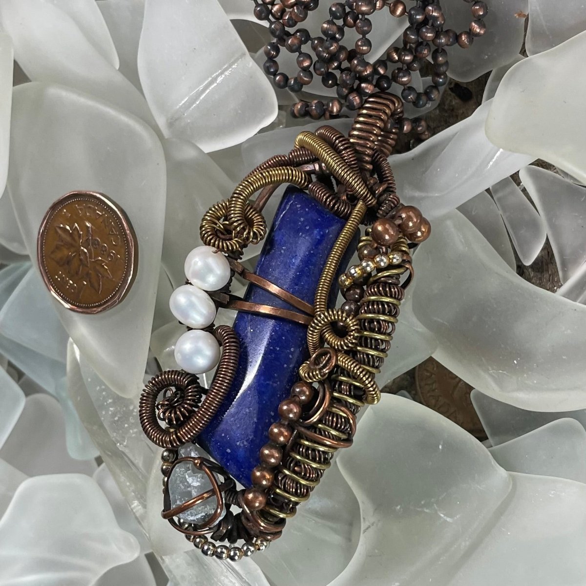 Lapis Lazuli Celestite and Pearl Pendant - Mother Of Metal - brass - Celestite - Copper-Pendants