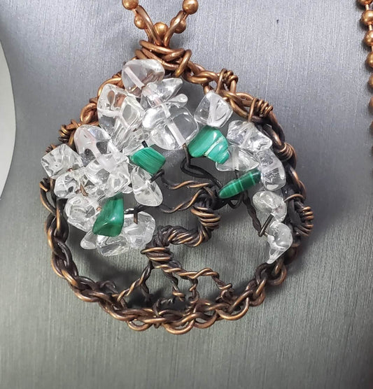 Malachite and Quartz Tree of Life Pendant - Mother Of Metal - For Her - For Him - For Necks-Charms & Pendants