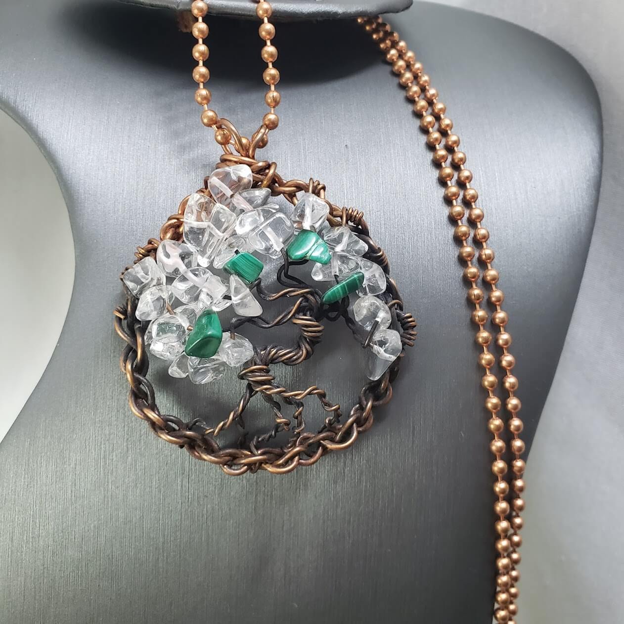 Malachite and Quartz Tree of Life Pendant - Mother Of Metal - For Her - For Him - For Necks-Charms & Pendants