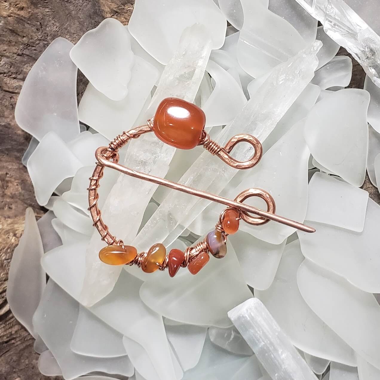 Penannular Brooch Copper and Carnelian - Mother Of Metal - brooch - carnelian - For Function-Brooches & Lapel Pins