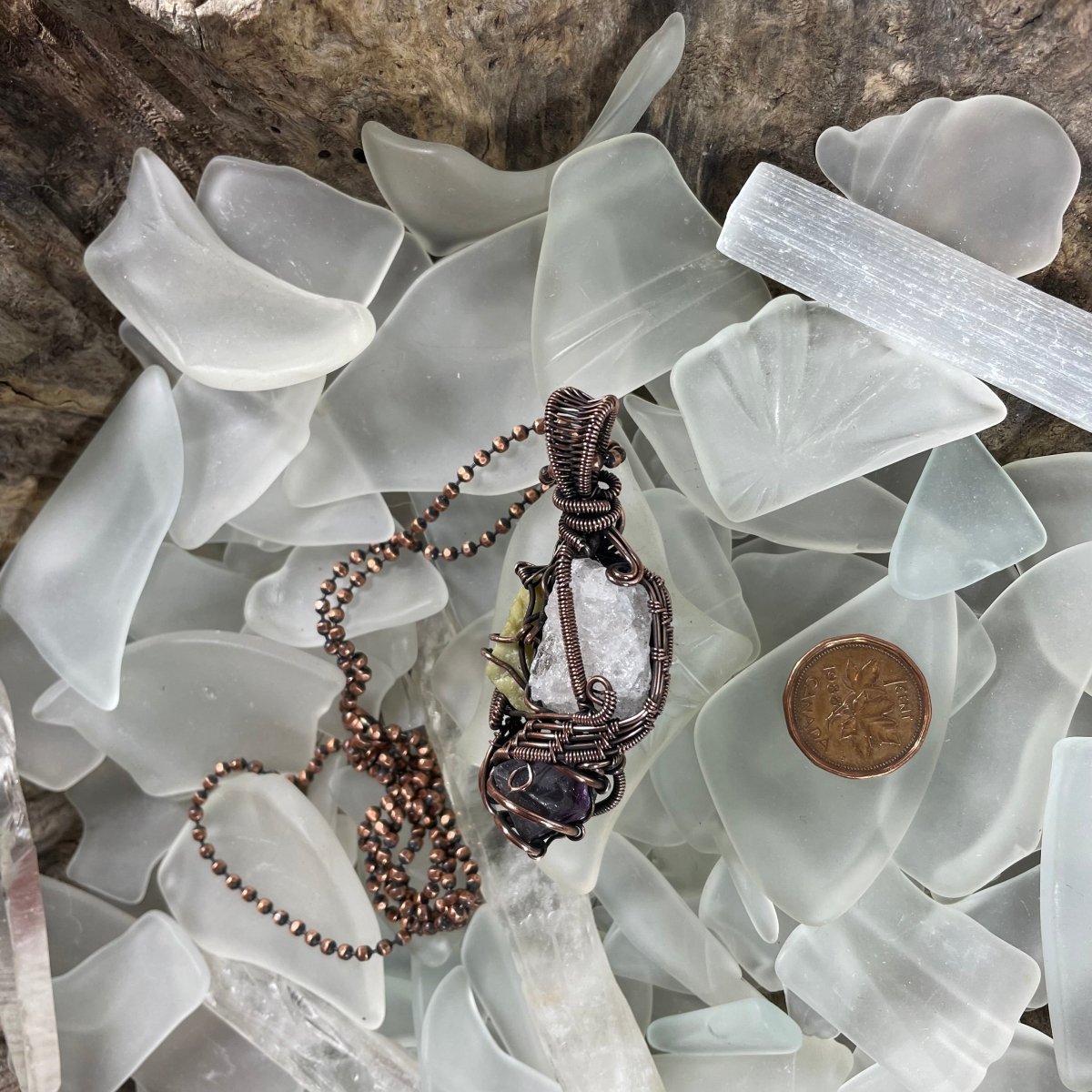 Raw Morganite Amethyst and Serpentine Necklace - Mother Of Metal - amethyst - Copper - copper chain-Necklaces