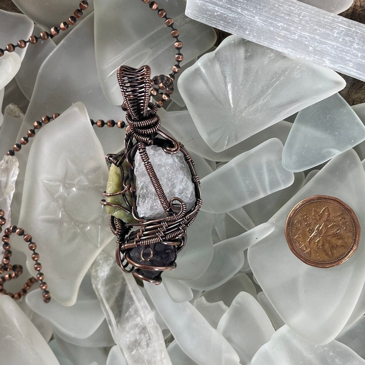 Raw Morganite Amethyst and Serpentine Necklace - Mother Of Metal - amethyst - Copper - copper chain-Necklaces