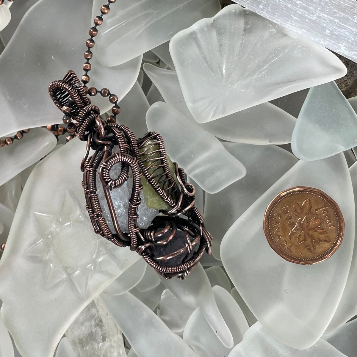 Raw Morganite Amethyst and Serpentine Necklace - Mother Of Metal - amethyst - Copper - copper chain-Necklaces