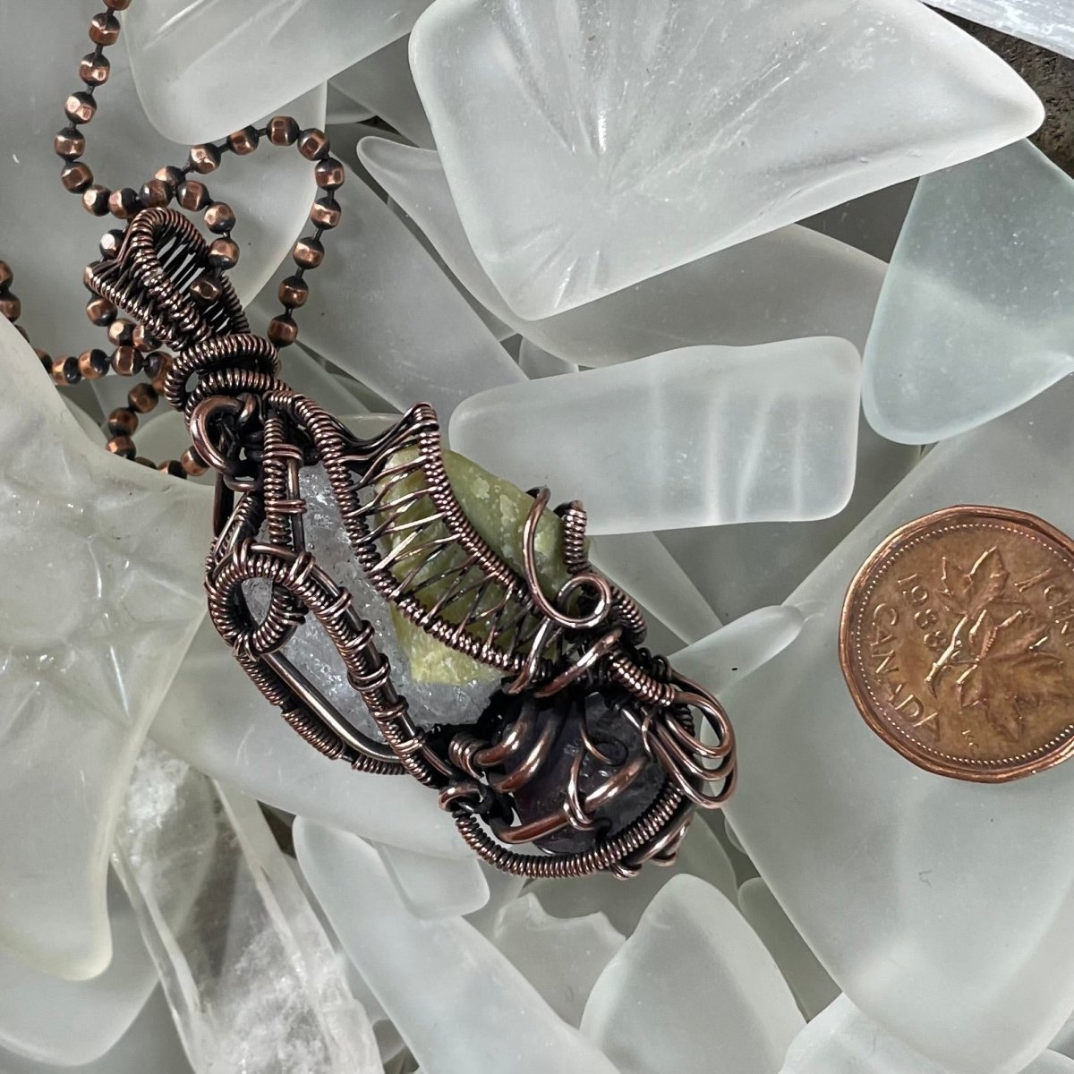 Raw Morganite Amethyst and Serpentine Necklace - Mother Of Metal - amethyst - Copper - copper chain-Necklaces