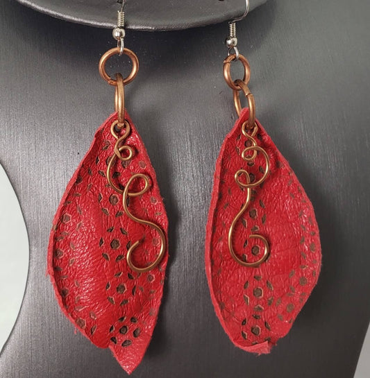Red Leather Copper Ziggy Dangles Earrings - Mother Of Metal - For Ears - For Her - -Earrings