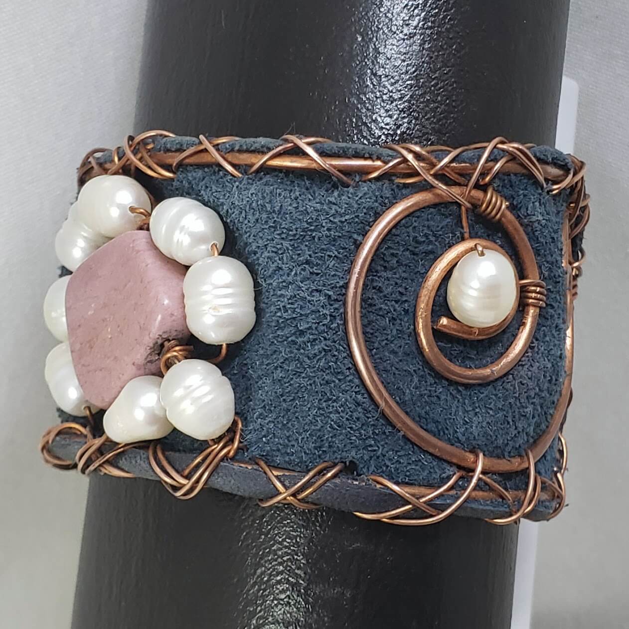 Rhodocrosite and Freshwater Pearl Cuff Bracelet - Mother Of Metal - For Her - For Wrists - freshwater pearl-Bracelets