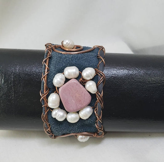Rhodocrosite and Freshwater Pearl Cuff Bracelet - Mother Of Metal - For Her - For Wrists - freshwater pearl-Bracelets