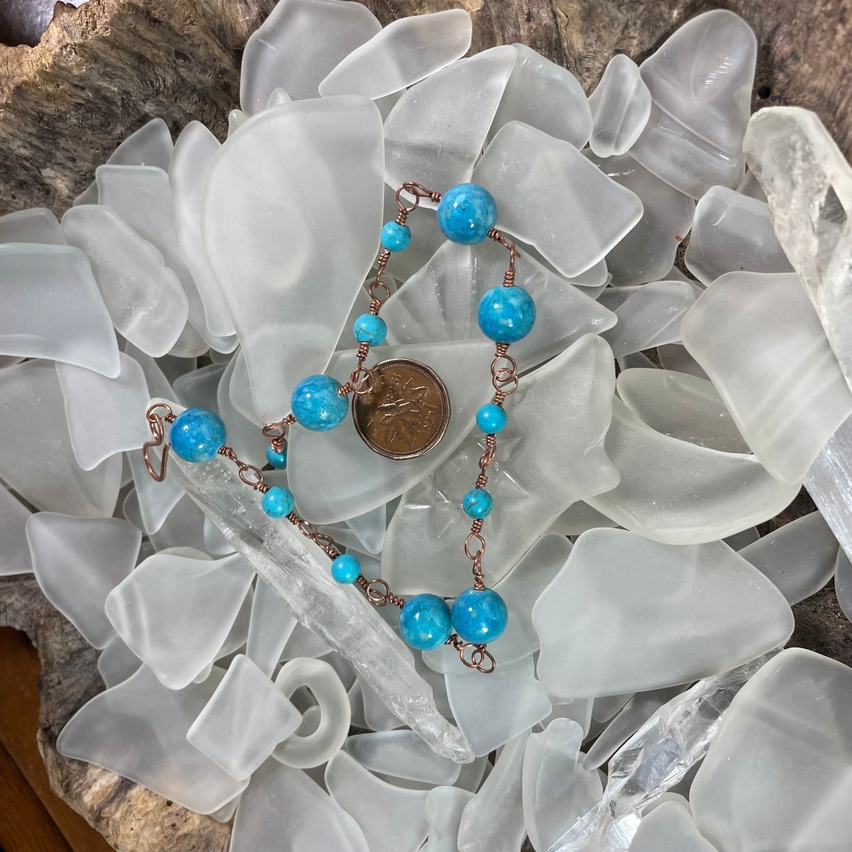 Turquoise and Magnesite Link Bracelet - Mother Of Metal - Copper - For Her - For Wrists-beaded chain links