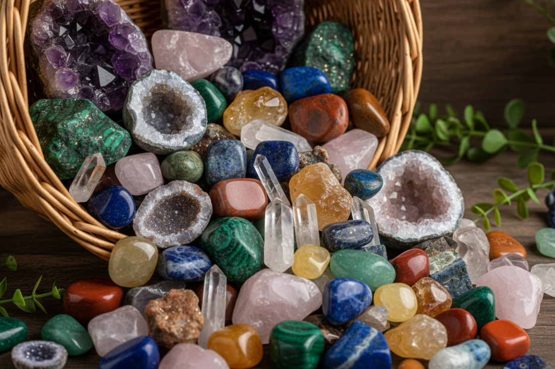 an overflowing basket of crystals and stones