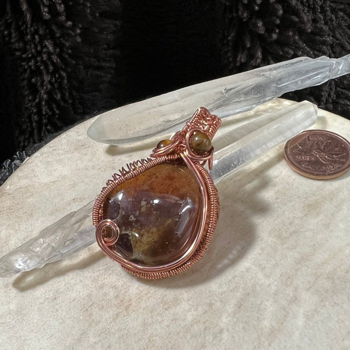 amber pendant with warm golden brown tones wrapped in copper handmade OOAK jewelry