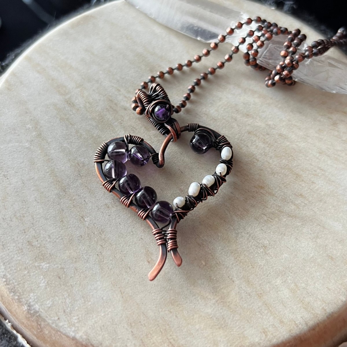 Amethyst and Pearl Stylized Heart Necklace - Mother Of Metal - amethyst - Copper - For Her - Necklaces