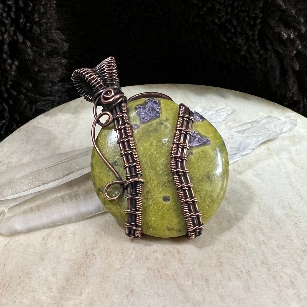  Atlantisite copper pendant showing secure wrap designed to stabilize and protect the stone