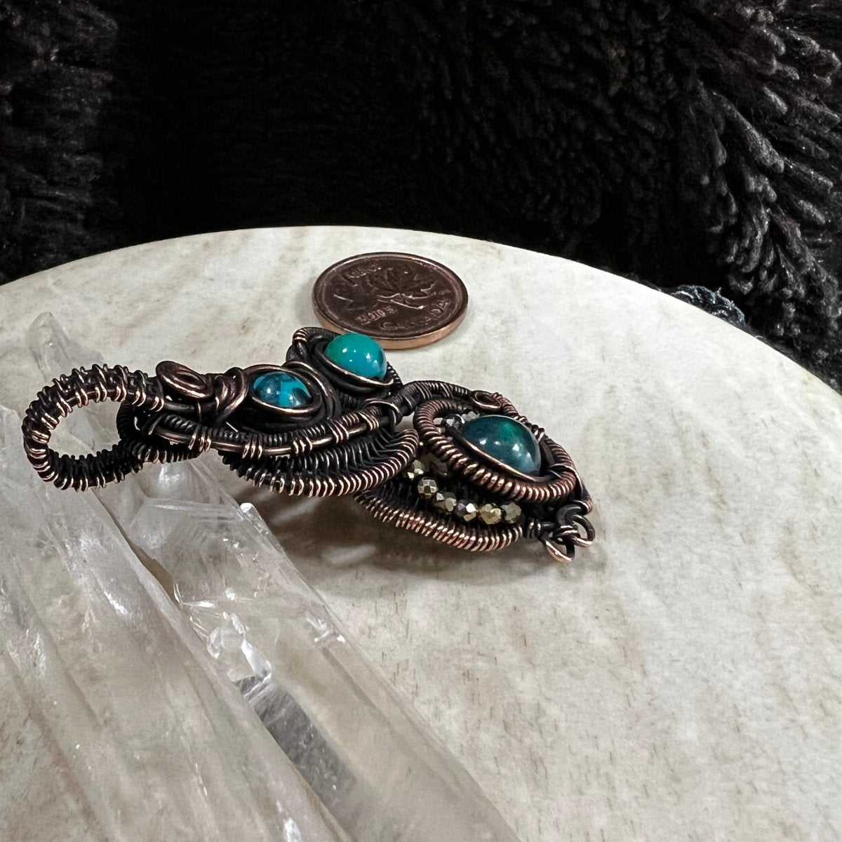 chrysocolla statement pendant wrapped in darkened copper with chrysocolla stones and faceted bead accents, handmade artistic crystal necklace