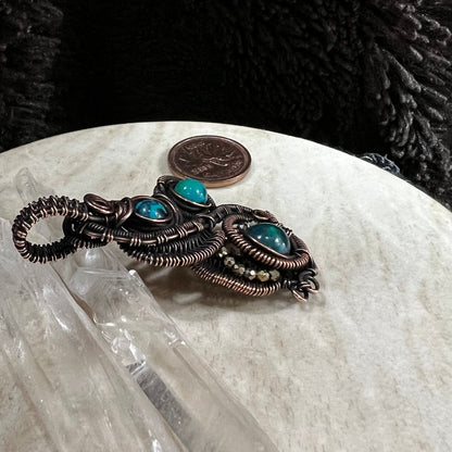 chrysocolla statement pendant wrapped in darkened copper with chrysocolla stones and faceted bead accents, handmade artistic crystal necklace