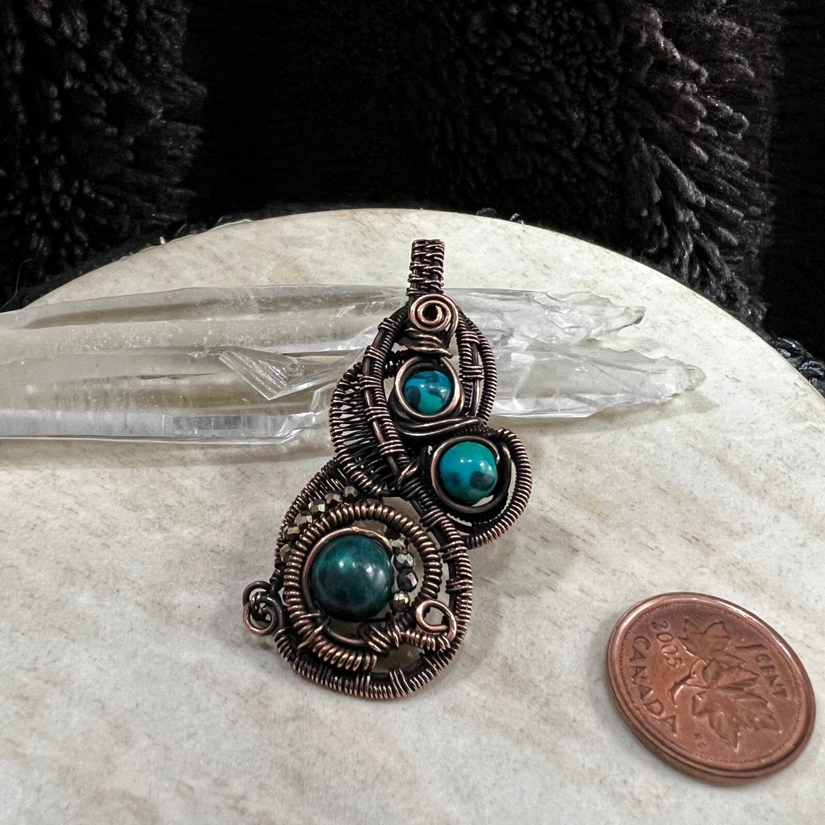 chrysocolla statement pendant wrapped in darkened copper with multiple stones and faceted bead accents, handmade artistic crystal necklace, net to a Canadian penny for scale