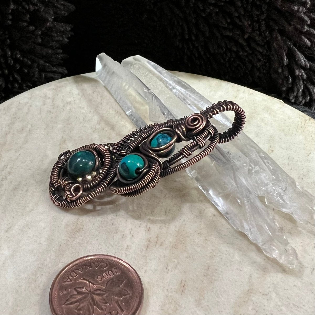 chrysocolla statement pendant wrapped in darkened copper with multiple stones and faceted bead accents, handmade artistic crystal necklace